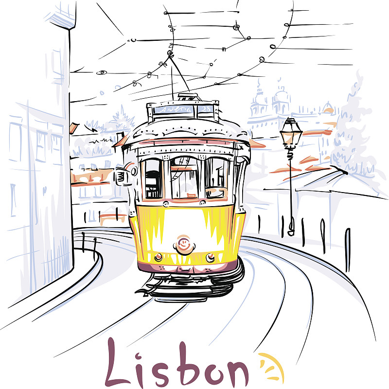 葡萄牙,阿尔法玛地区,里斯本,黄色,有轨电车,垂直画幅,美,衰老过程,绘画插图,古老的