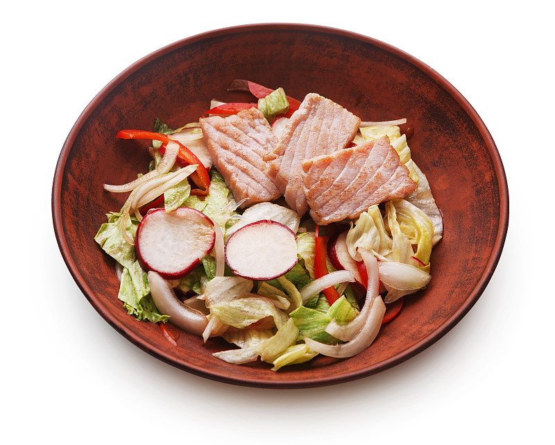 三文鱼,沙拉,碗,白色,蔬菜,新的,分离着色,融合菜,卷心莴苣,低碳水化合物饮食