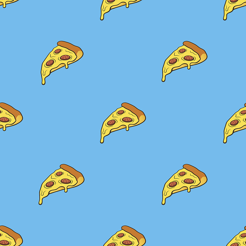 绘画插图,波普风,四方连续纹样,矢量,食品,式样,轮廓线画,快餐,蓝色背景,比萨片