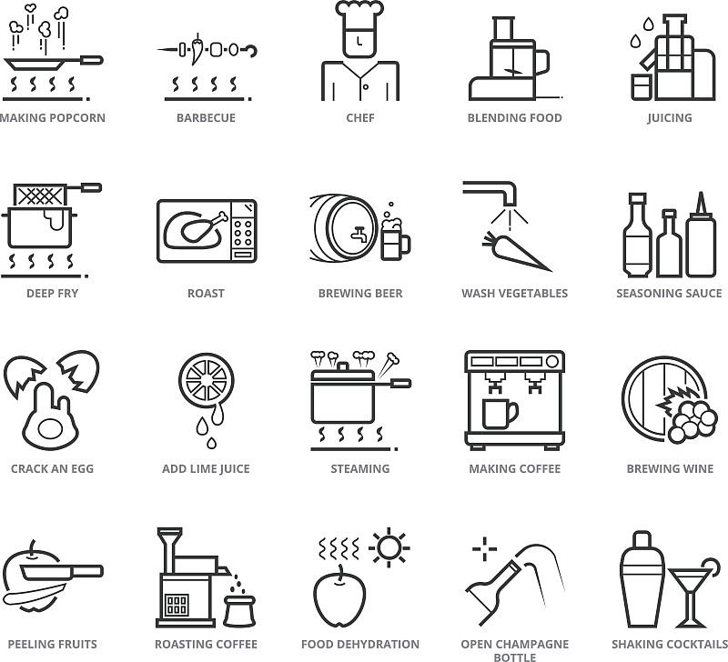 平坦的,符号,线条,面包店,细的,葡萄酒,烤咖啡豆,绘画插图,烤鸡,果汁