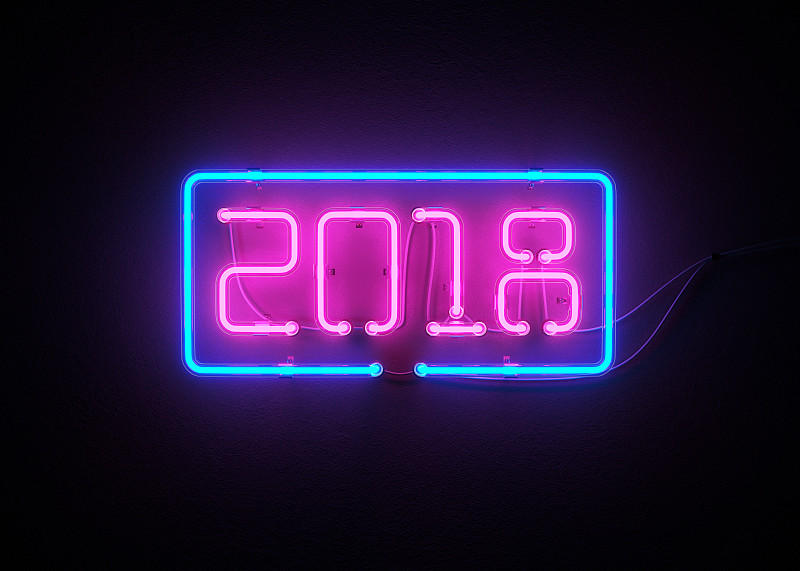 字母,霓虹灯,2018,新年前夕,贺卡,水平画幅,夜晚,无人,绘画插图