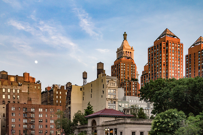 天空,公园,月亮,纽约,联合广场,曼哈顿,黄昏,在上面,新的,水平画幅