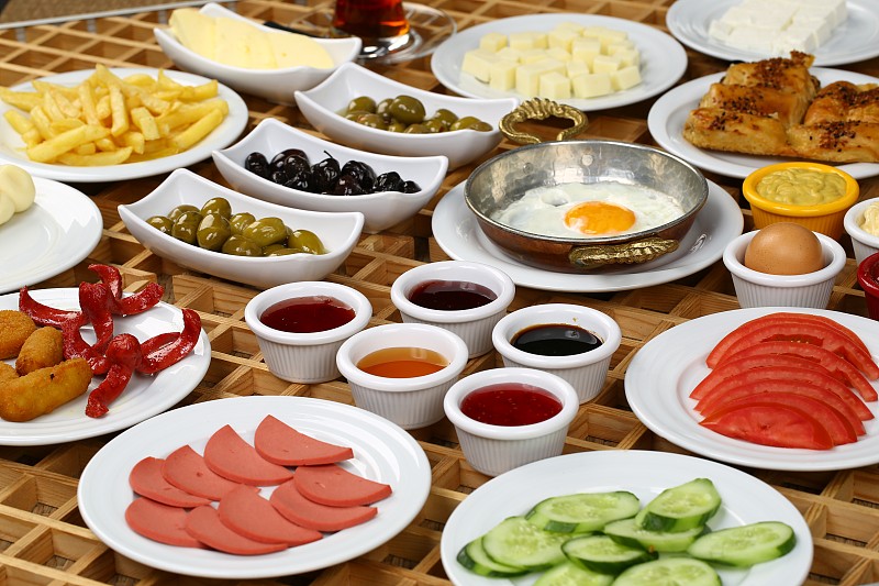 早餐,方便食品,食物的样式,橙汁,红肉,熟的,反差,火腿,餐桌,虾