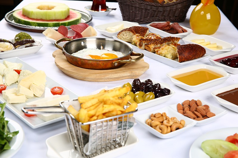 早餐,方便食品,食物的样式,橙汁,红肉,精制土豆,熟的,反差,火腿,餐桌