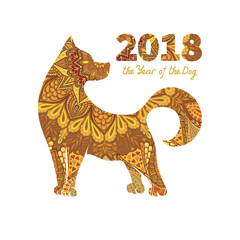 2018,狗年,褐色,新的,艺术,历日,绘画插图,符号,标签,哈萨克斯坦