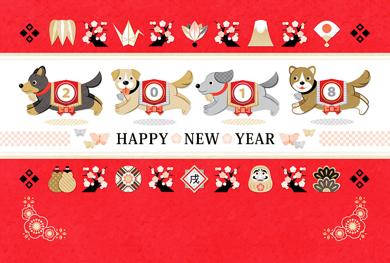 狗,2018,日本,贺卡,新年前夕,圣伯纳犬,时尚,狗年,红色背景,明信片
