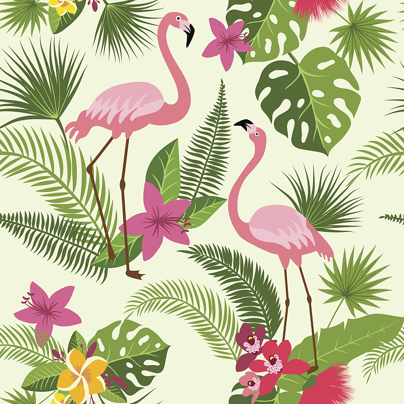 火烈鸟,棕榈树,夏天,四方连续纹样,矢量,背景,热带的花,艺术,档案,热带植物图案