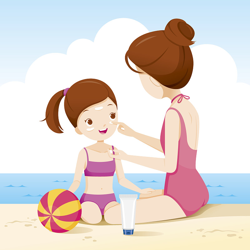 海滩,人的脸部,女儿,母亲,衣服,球,晒黑,彩妆,沙子,绘画插图