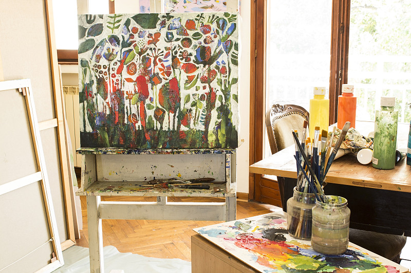 美术工作室,艺术家,调色板,灵感,边框,艺术,水平画幅,椅子,艺术品,画笔