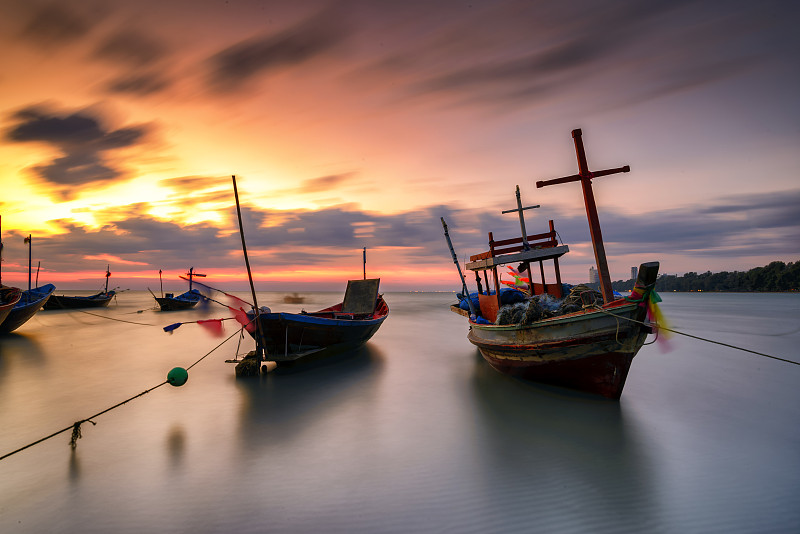 泰国,渔夫,海滩,木制,船,水,天空,缅甸,水平画幅,柬埔寨