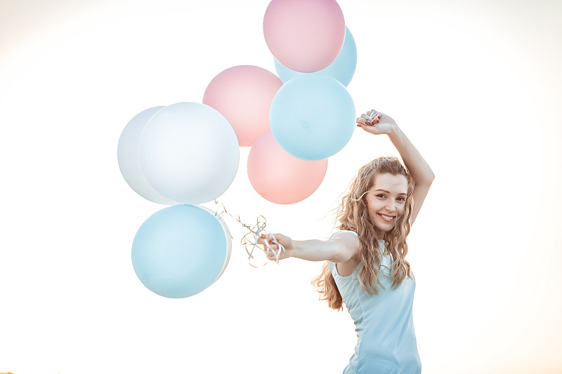 气球,美女,多色的,天空,留白,健康,夏天,生日,光,自由
