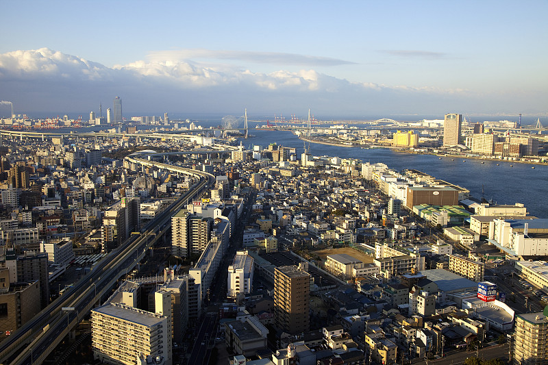 大阪市,港区,海湾沿海,城镇景观,水平画幅,高视角,无人,早晨,东亚,户外