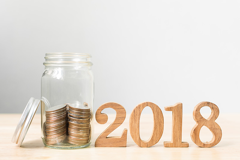 概念,2018,广口瓶,木制,财务数据,救球,新年前夕,新的,储蓄,水平画幅