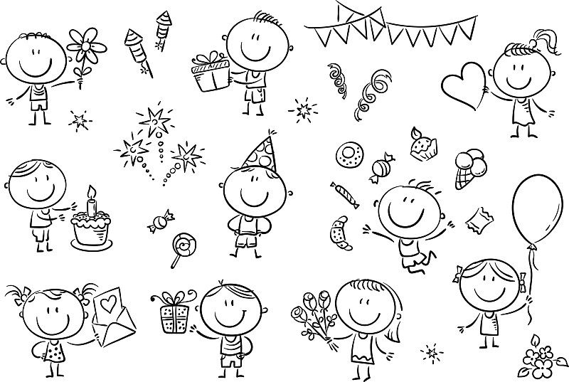 生日,儿童,舞台,贺卡,水平画幅,绘画插图,蛋糕,性格,人群,气球