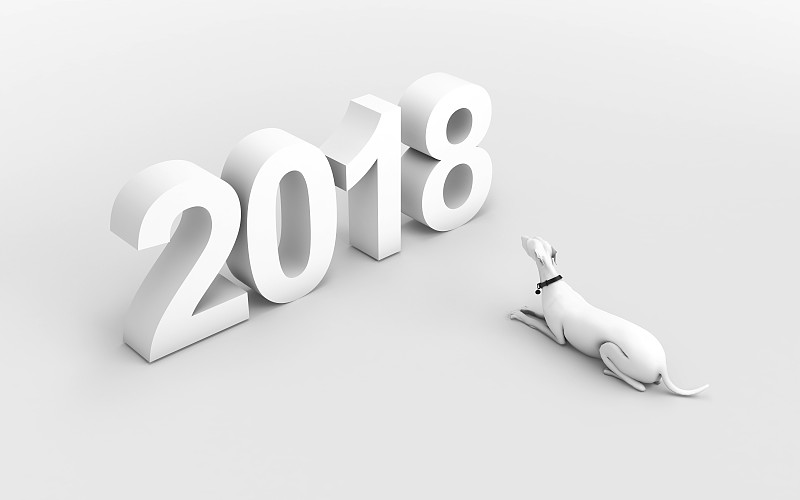 新年前夕,狗,等,灰色背景,2018,标志,分离着色,撒谎者,概念,贺卡