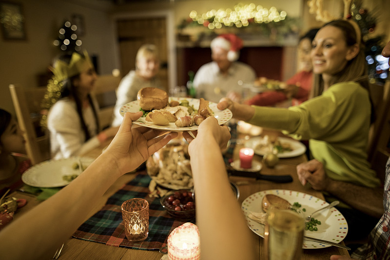 晚餐,圣诞节,约克郡布丁,驯鹿角服装,烤土豆,派对帽,援助之手,火鸡肉,圣诞帽,家庭