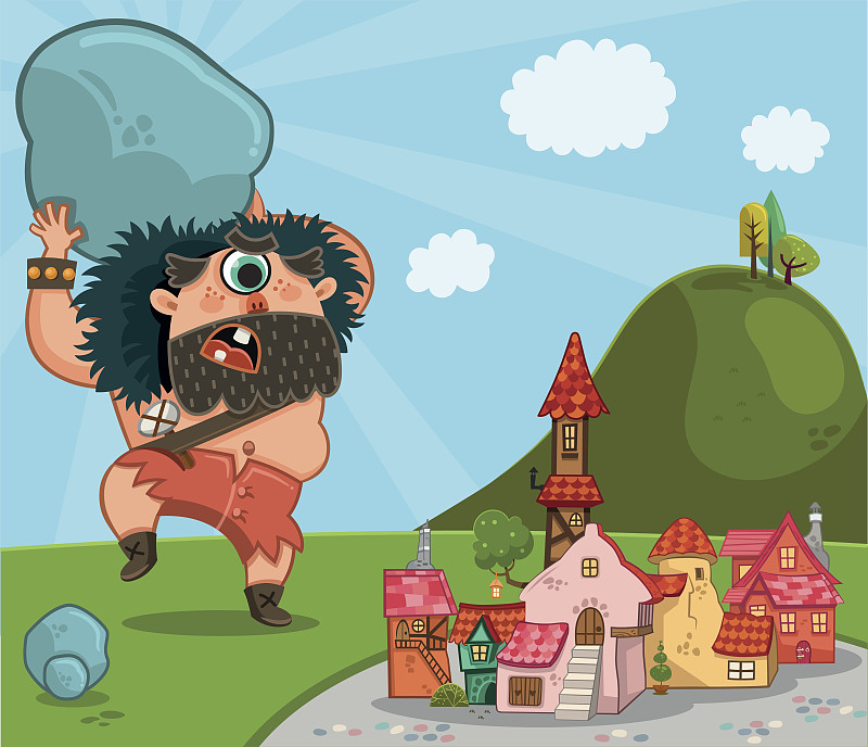 独眼巨人,泰坦星,中世纪时代,图画书,卡通,巨人,丑陋,绘画插图,水平画幅,巨大的