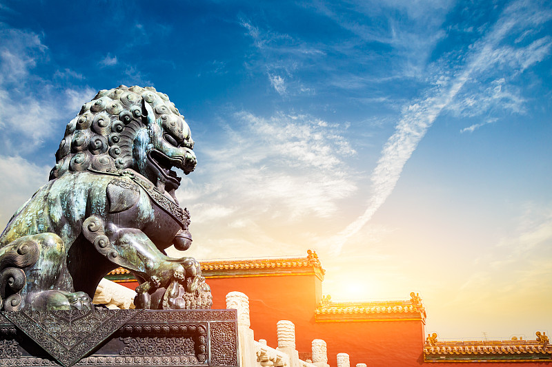 狮子,北京,故宫,青铜,铜像,禁止的,宫殿,大门,世界遗产,屋顶