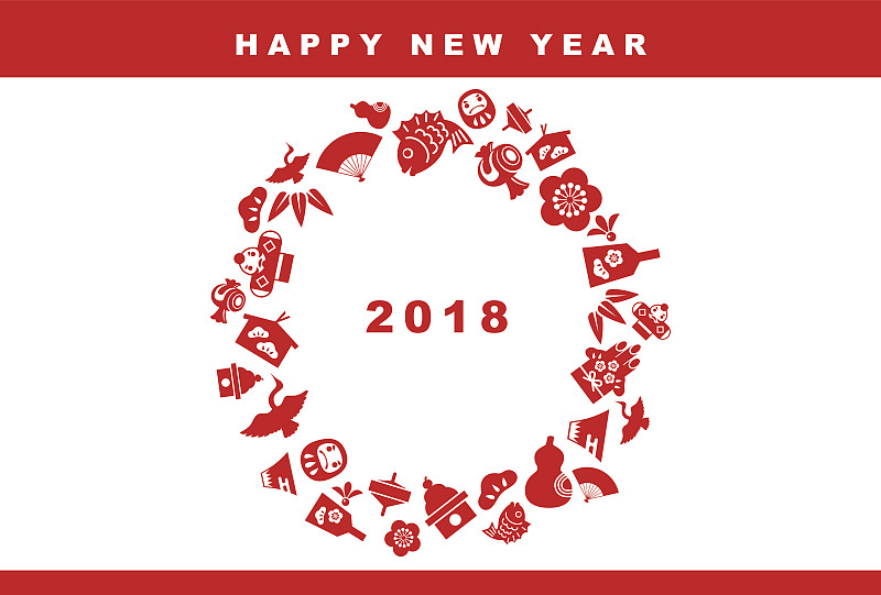 新年卡,2018,镜饼,羽子板,祷文版,门松,折扇,梅子,可折叠的,海鲷