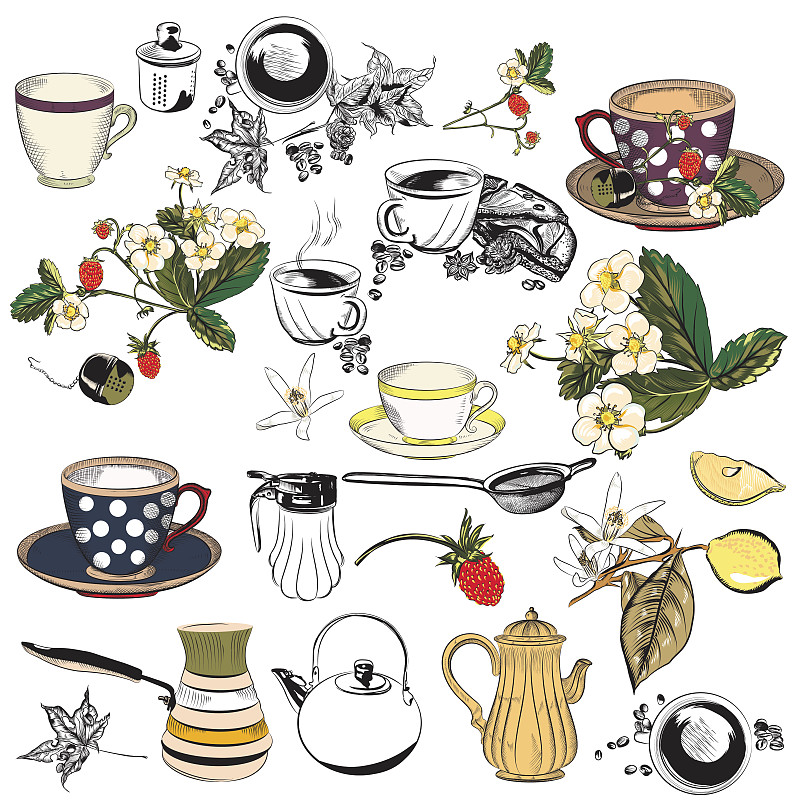 矢量,杯,天气,茶壶,40-80年代风格复兴,式样,贺卡,绘画插图,古典式,早晨