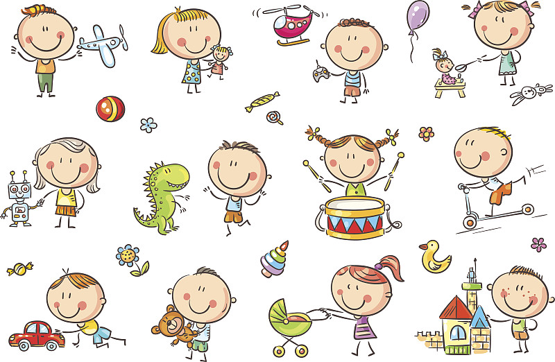 儿童,玩具,进行中,贺卡,水平画幅,绘画插图,蛋糕,性格,人群,气球
