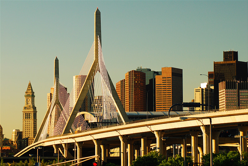 城市天际线,雷诺得山大桥,波士顿,美洲,北美,都市风景,多车道公路,现代,著名景点
