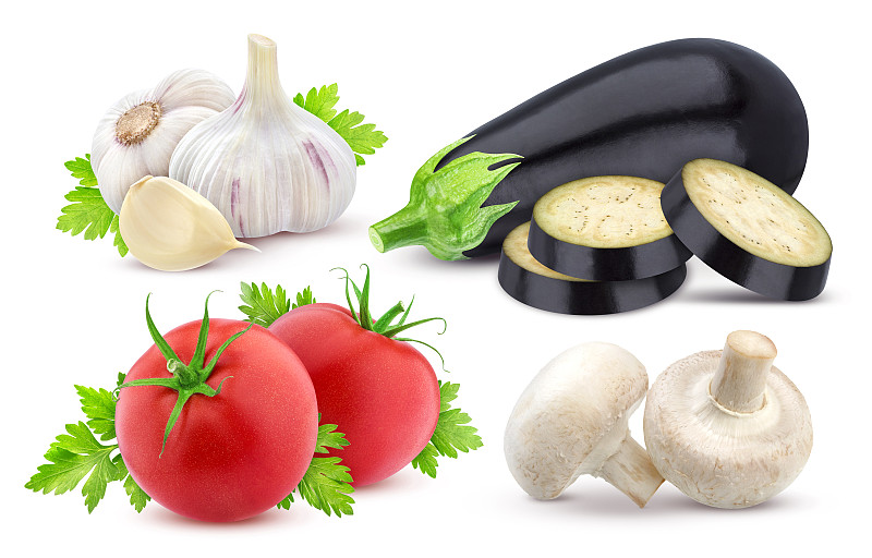 西红柿,茄子,清新,蔬菜,白色背景,大蒜,分离着色,留白,蒜头,水平画幅