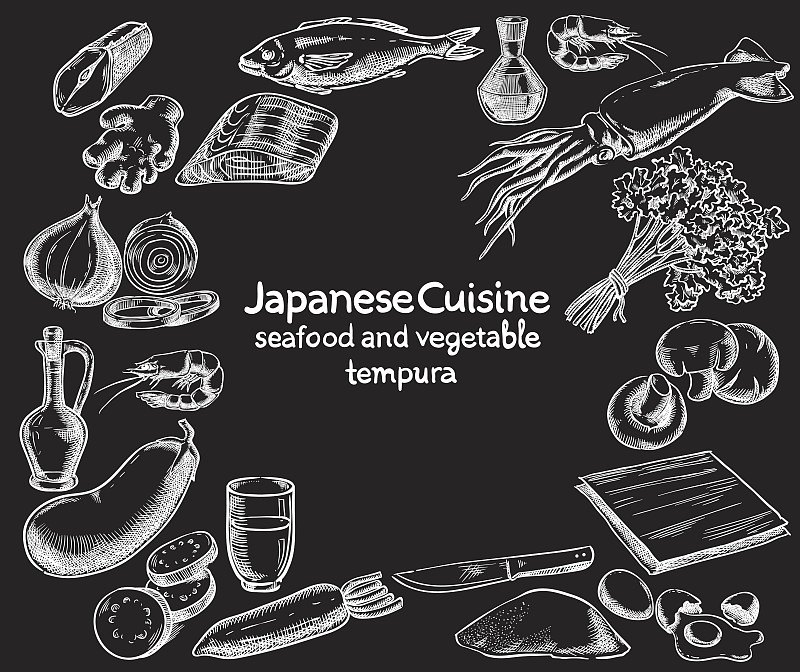 日本食品,矢量,蔬菜,成分,草图,天麸罗,海产,水,香菇,绘画插图