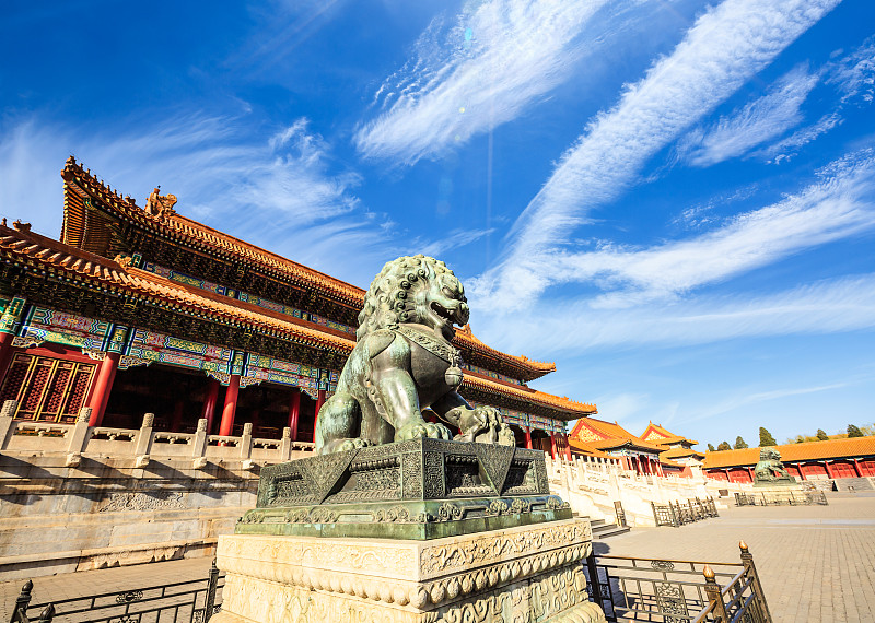 故宫,狮子,北京,汉字,青铜,铜像,禁止的,博物馆,宫殿,宏伟