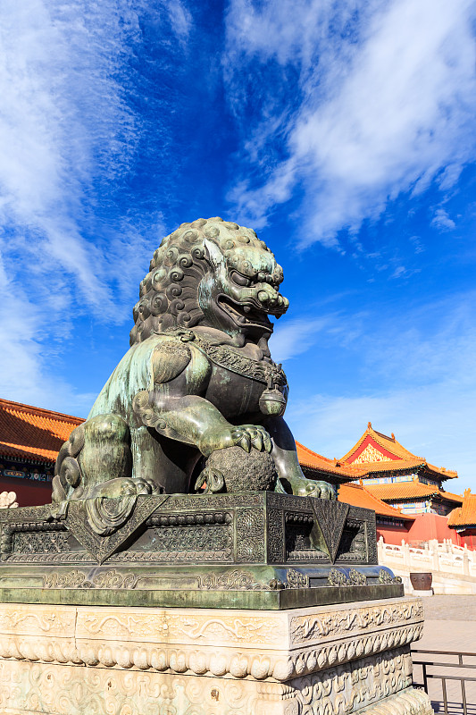 故宫,狮子,北京,青铜,汉字,铜像,禁止的,博物馆,宫殿,宏伟