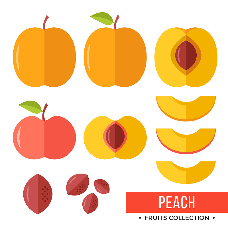 绘画插图,矢量,切片食物,桃,扁平化设计,叶子,水果,完整,插画,布置
