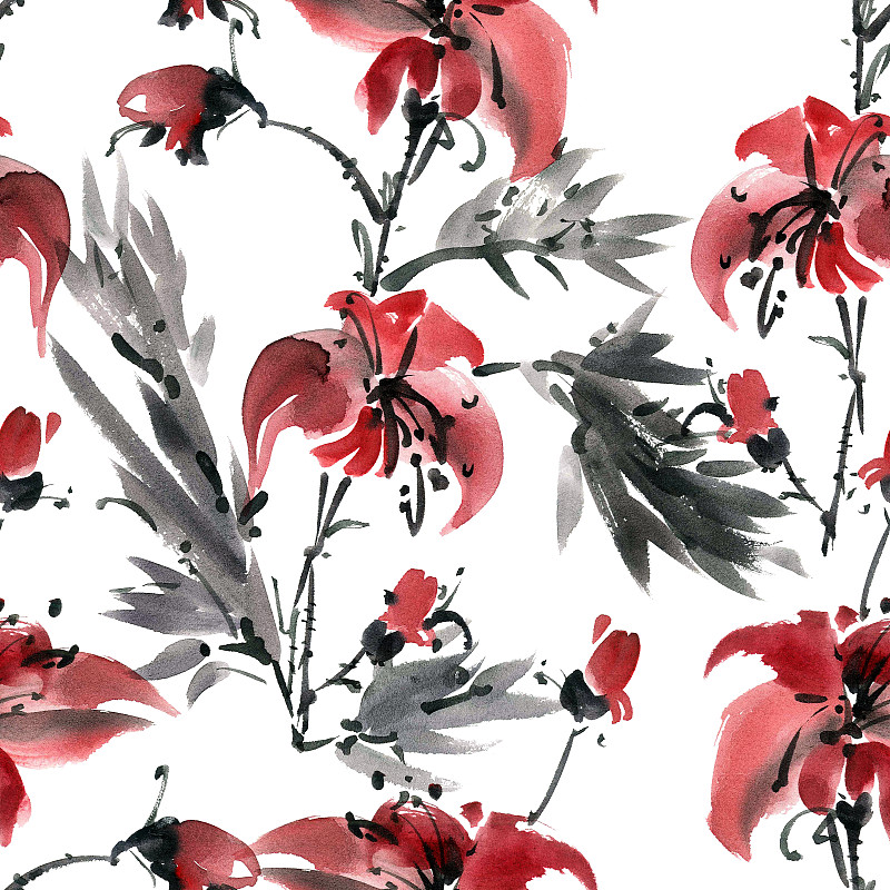 百合花,水彩画,花序,水墨画,树苗,植物茎,绘画插图,美,绘画作品,艺术