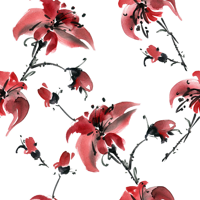 百合花,水彩画,花序,水墨画,树苗,植物茎,绘画插图,美,绘画作品,艺术
