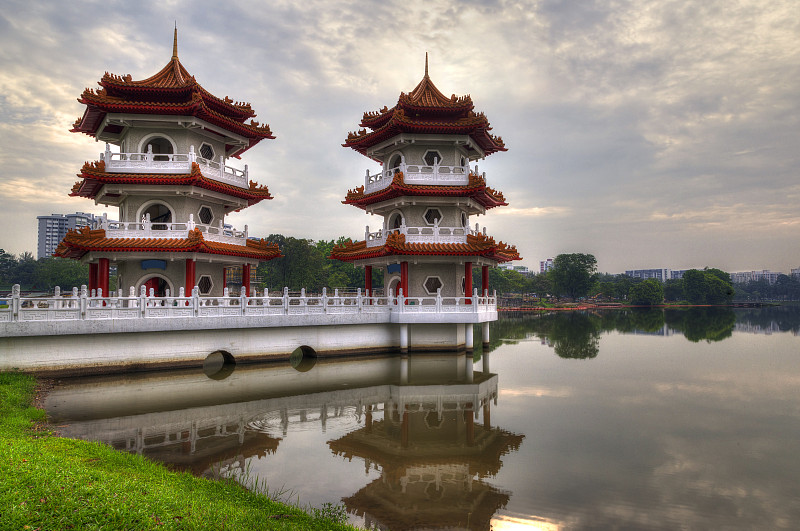 宝塔,新加坡,东方石景花园,裕廊岛,池塘,高大的,塔,佛教,景观设计,桥