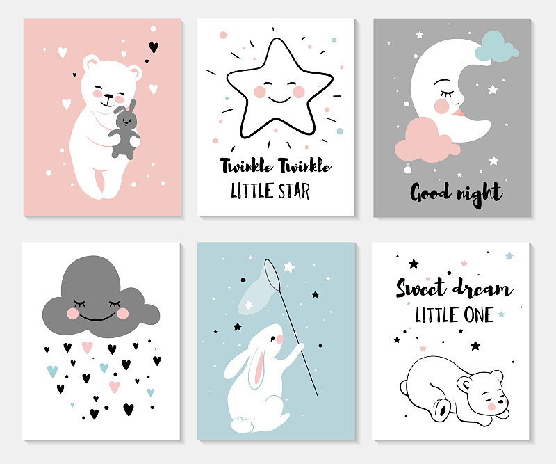 月亮,星形,兔子,小熊,绘画插图,小兔子,儿童房,就寝时间,水平画幅,云