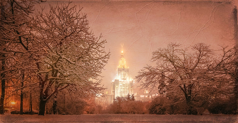 夜晚,雪,古典式,冬天,校园,地形,大学,云景,莫斯科,明信片