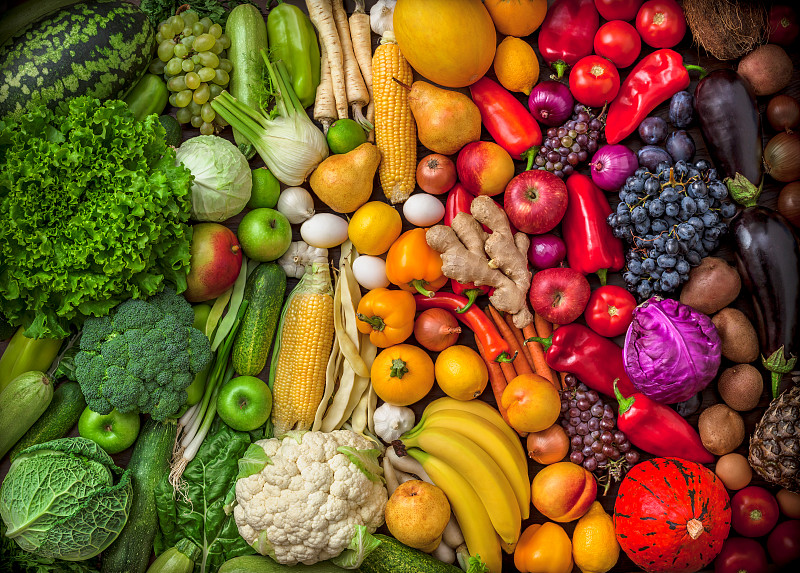 在上面,蔬菜,水果,色彩鲜艳,红辣椒,绿色,多样,胡瓜,葱,素食