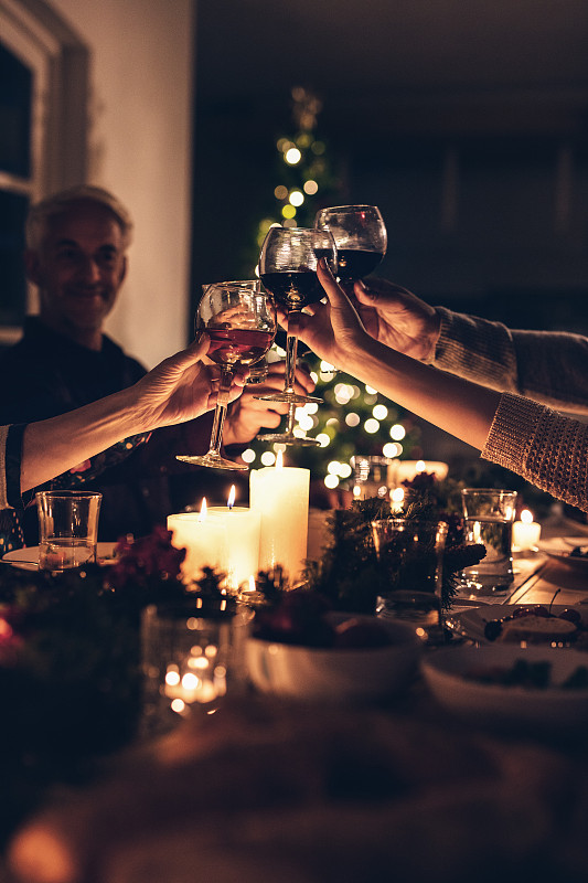 晚餐,圣诞节,家庭,葡萄酒,烛光,垂直画幅,蜡烛,祖父母,葡萄酒杯,多代家庭