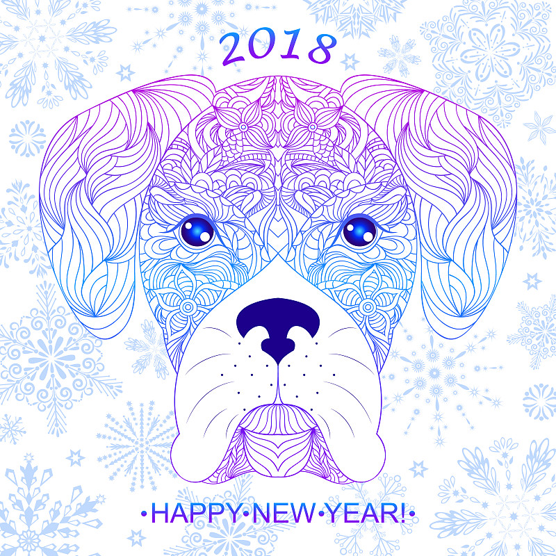 新年卡,新的,绘画插图,性格,卡通,斗牛犬,哺乳纲,图形打印,彩色图片,新年