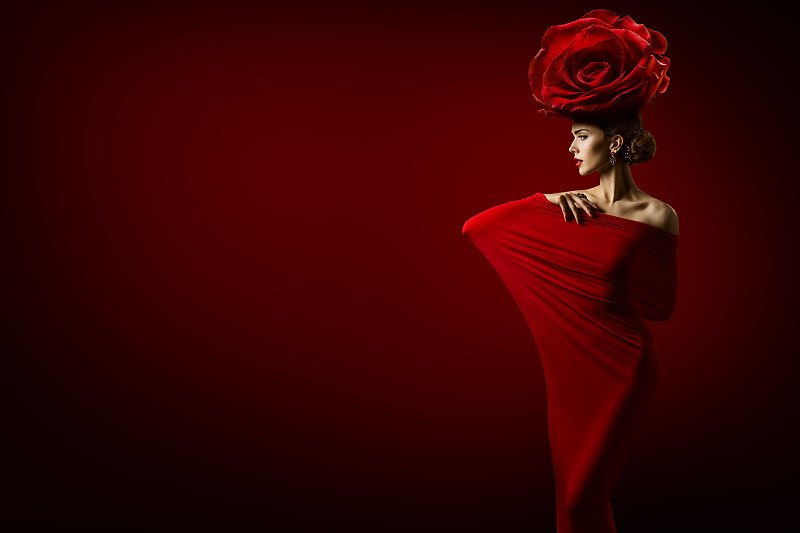 王冠,女人,美,时装模特,玫瑰,高雅,发型,头顶,红色裙子,花