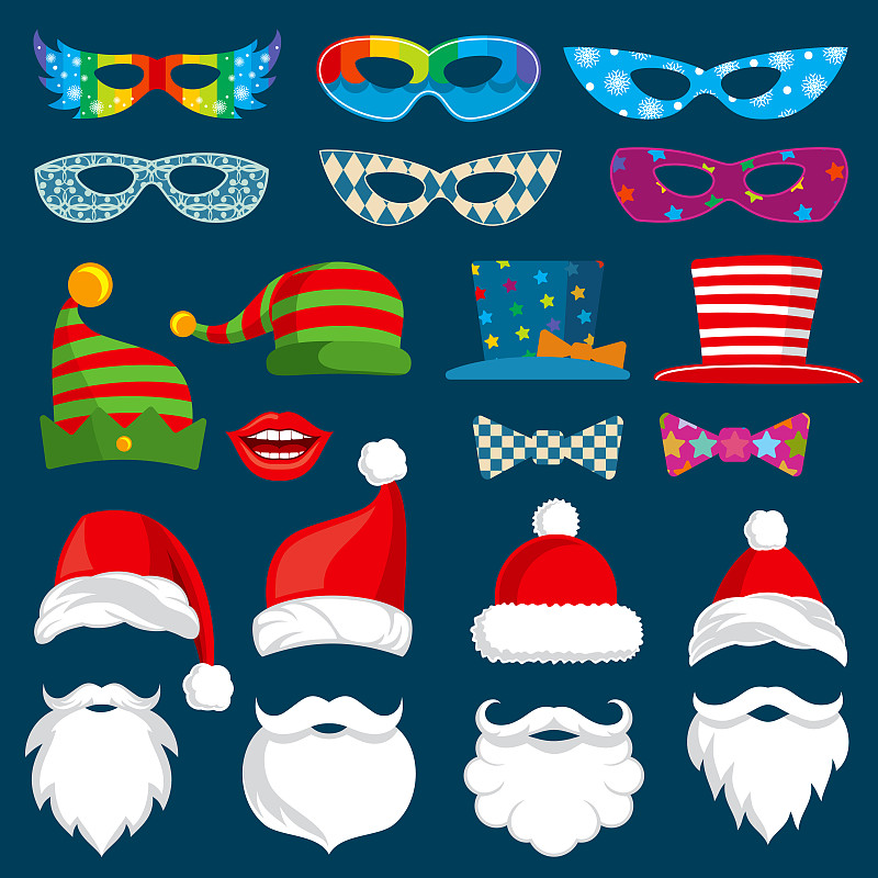 道具,大头贴,圣诞节,矢量,纸,分离着色,新年前夕,射箭弓,面具,圣诞帽