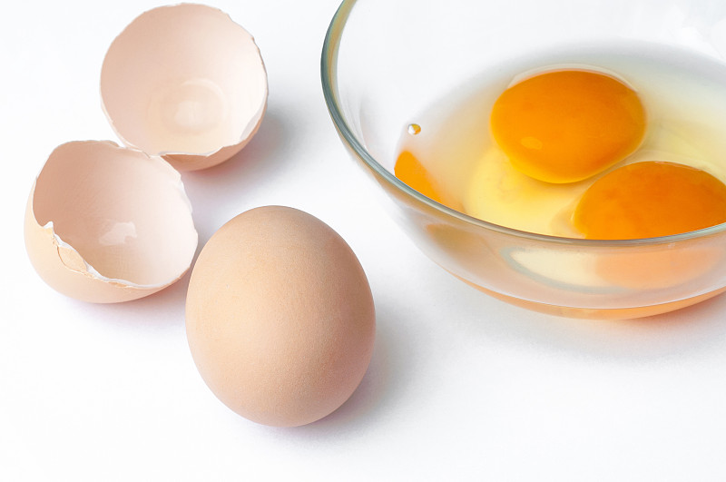 生食,特写,蛋黄,卵,母鸡,蛋,分离着色,白色背景,玻璃杯,褐色