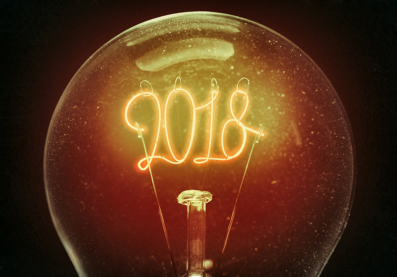新的,概念,2018,贺卡,水平画幅,符号,古老的,电灯泡,古典式