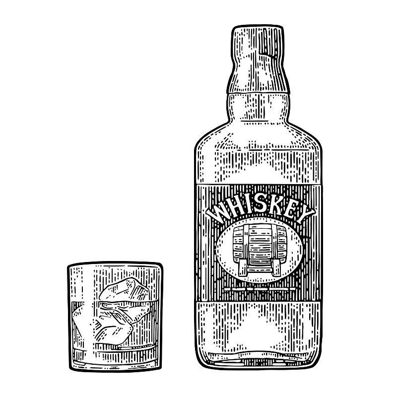 标签,瓶子,威士忌,桶,玻璃,冰块,绘画插图,符号,古老的,含酒精饮料