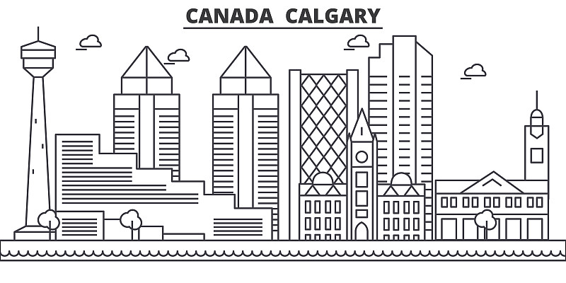 绘画插图,都市风景,著名景点,地形,建筑,城市天际线,卡尔加里,城市,加拿大,矢量