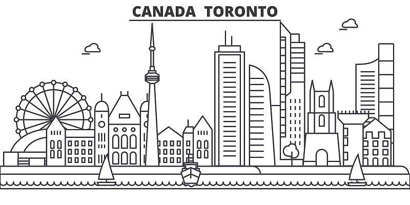 绘画插图,都市风景,著名景点,地形,建筑,城市天际线,城市,加拿大,多伦多,矢量