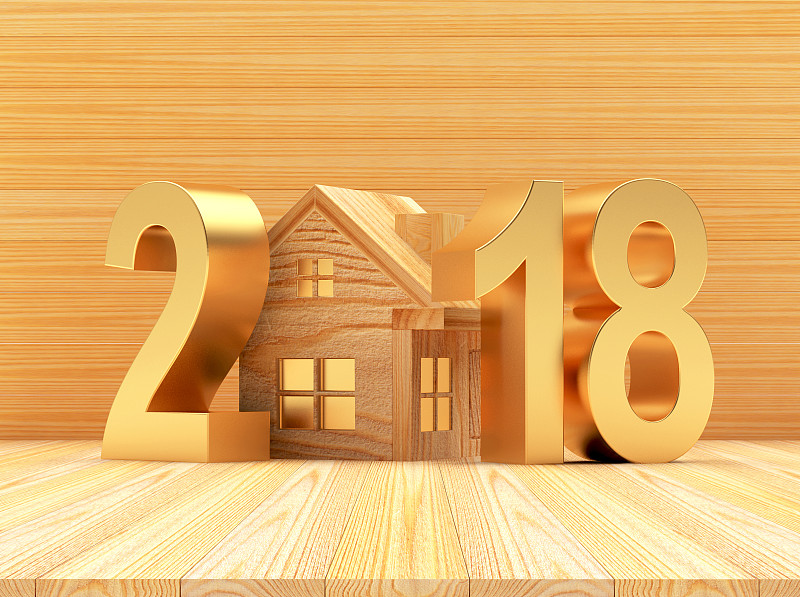木制,房屋,2018,新年前夕,数字,金色,图标,新的,水平画幅,无人