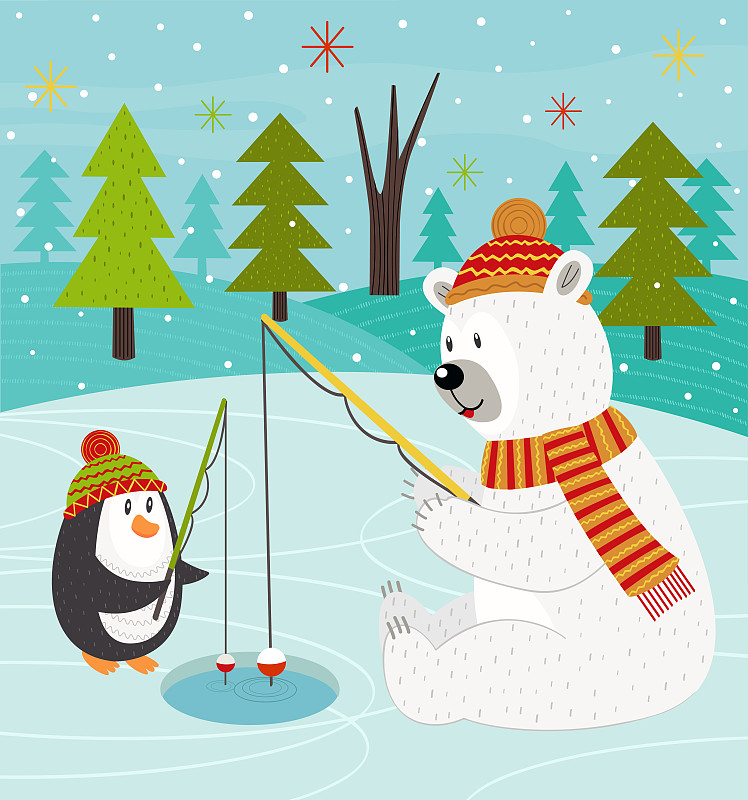 企鹅,北极熊,垂直画幅,休闲活动,雪,绘画插图,性格,卡通,熊,云杉