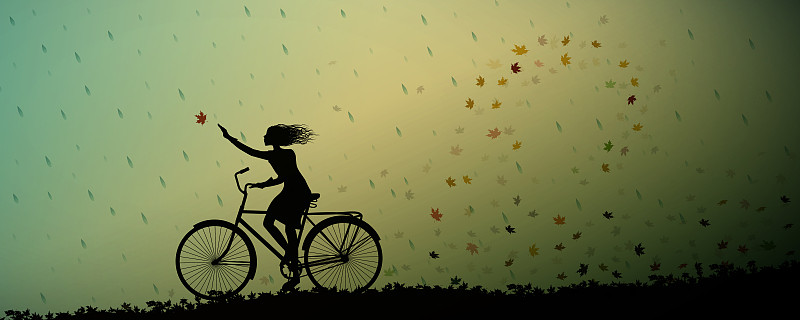 女孩,漩涡形,秋天,自行车,叶子,雨,通货紧缩,自然公园,自由,霜