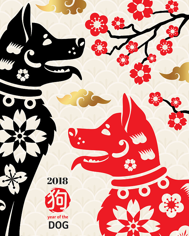 背景,春节,华丽的,绘画插图,性格,新年,新年前夕,传统服装,闪亮的,狗